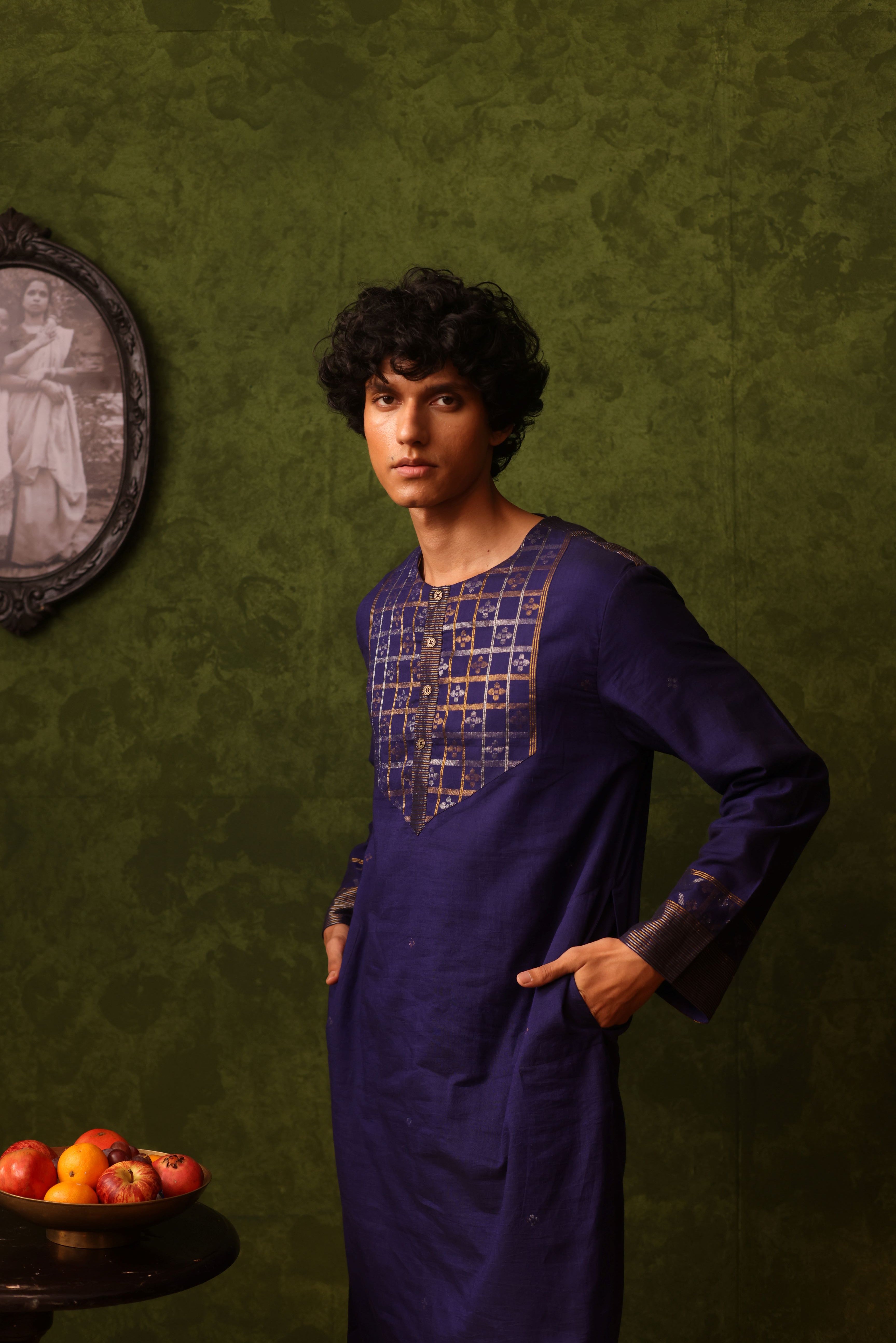 Zulfikar - Deep Luxe Indigo Handwoven Cotton Jamdani Kurta