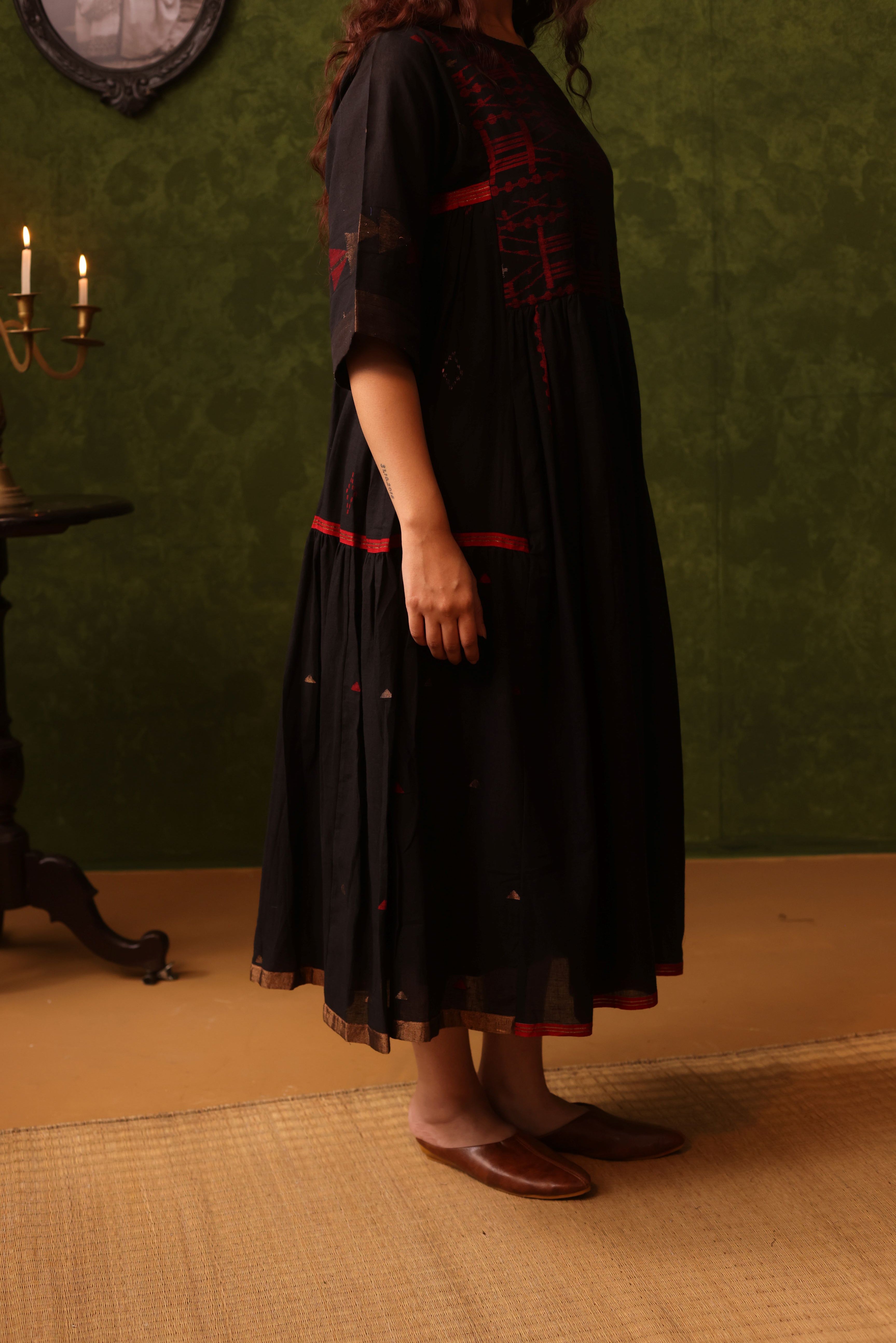 Noor - Black And Red Handwoven Cotton Jamdani Zari Dress