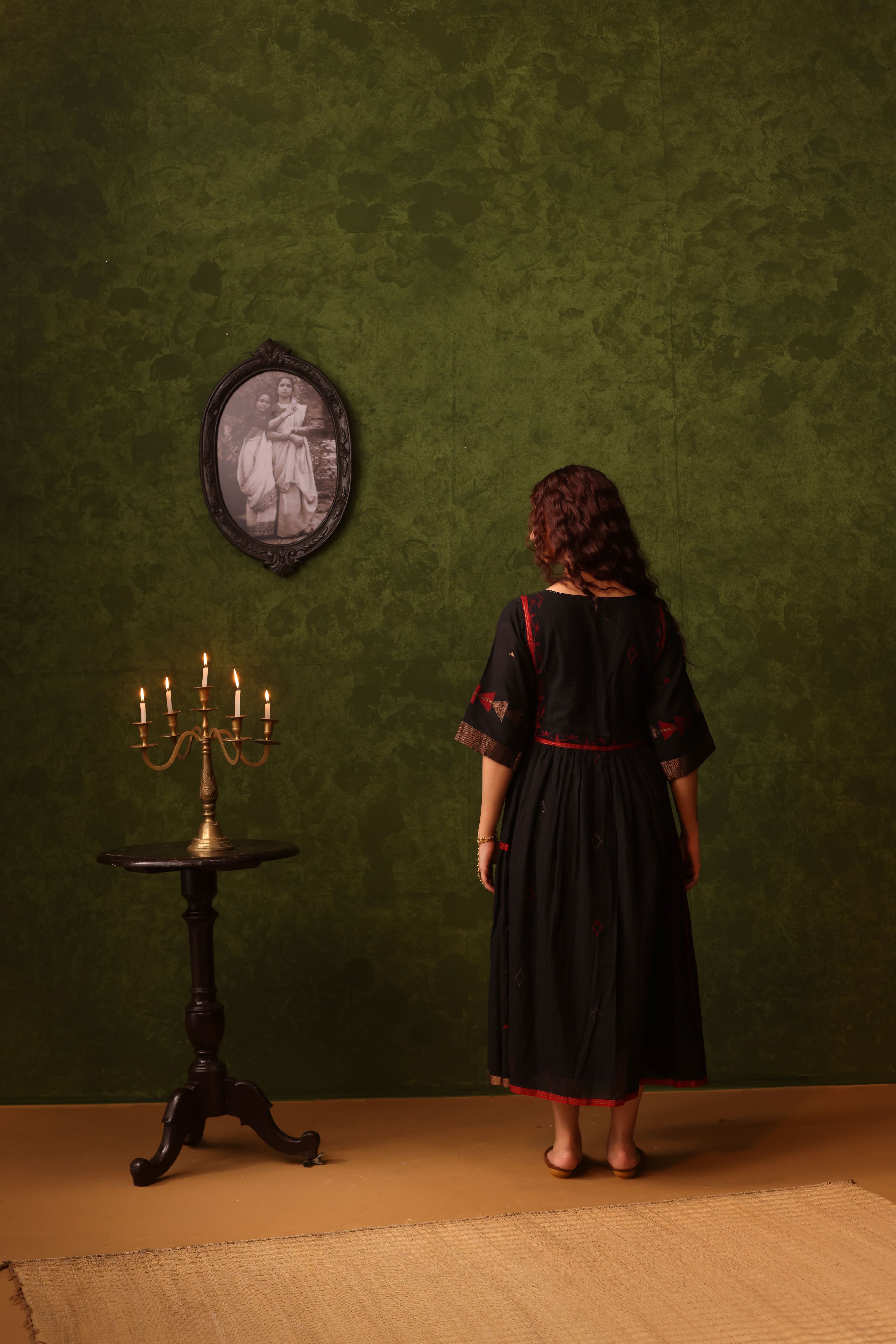 Noor - Black And Red Handwoven Cotton Jamdani Zari Dress