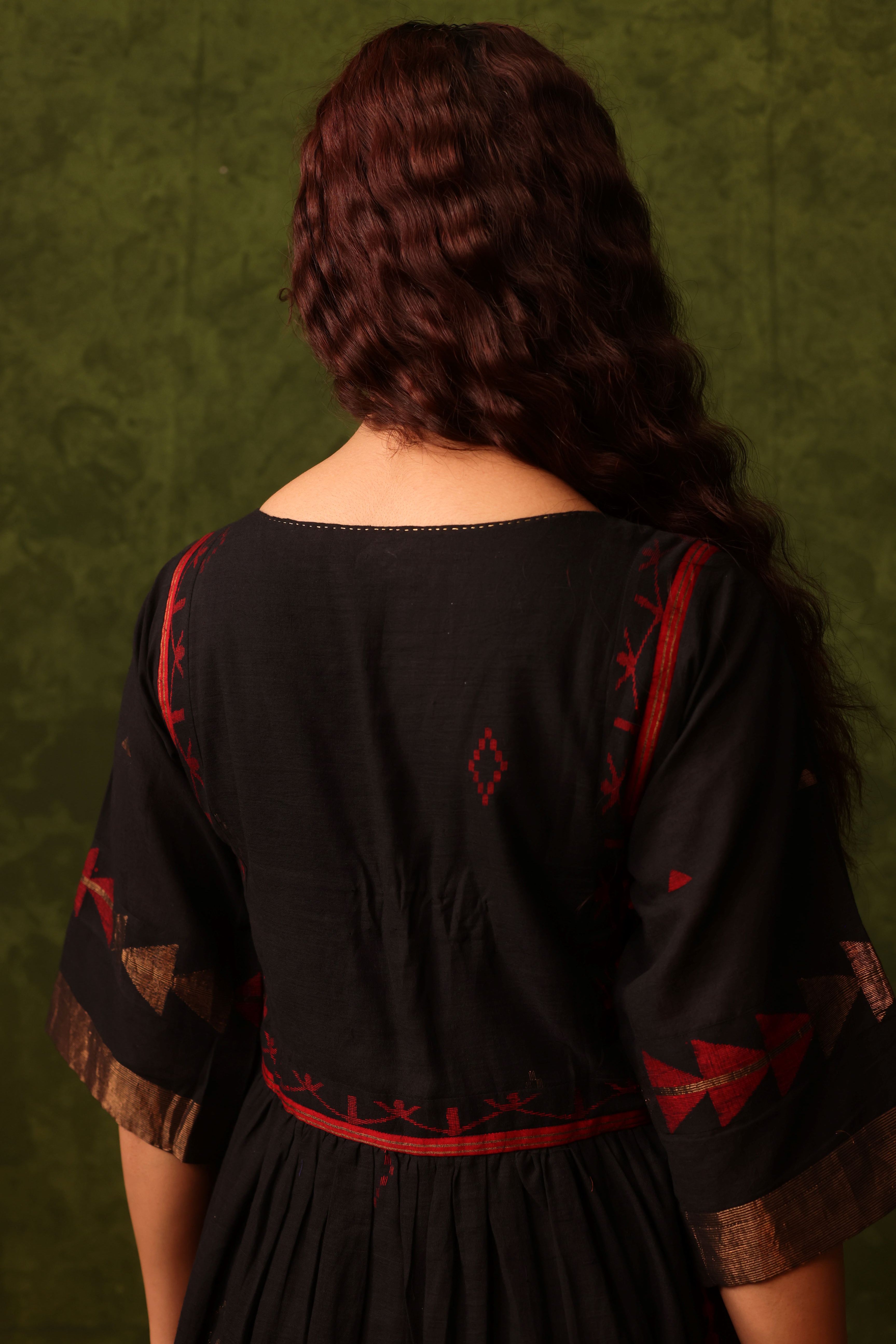 Noor - Black And Red Handwoven Cotton Jamdani Zari Dress