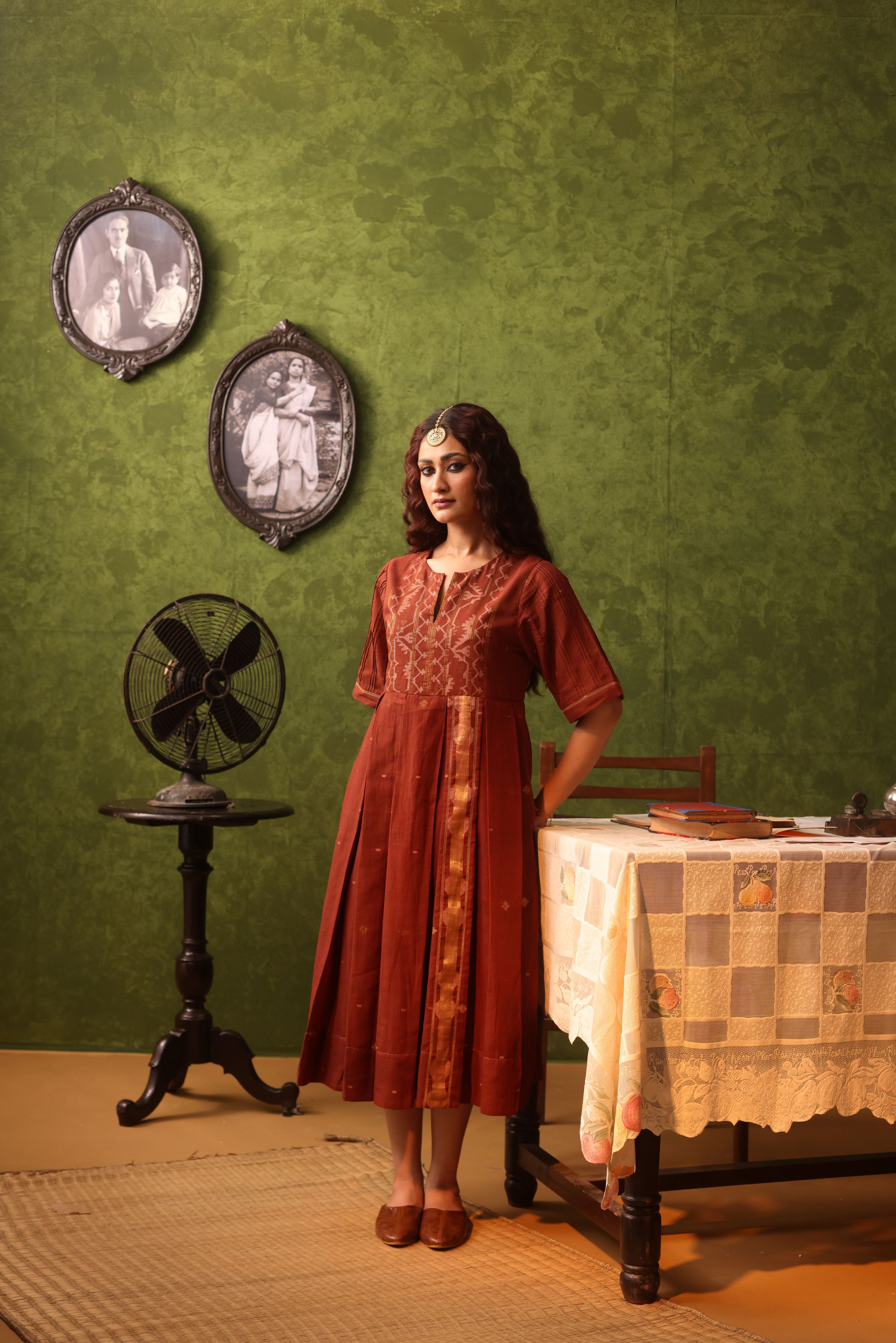 Kavya - Rust Orange Handwoven Cotton Dual Tone Dress