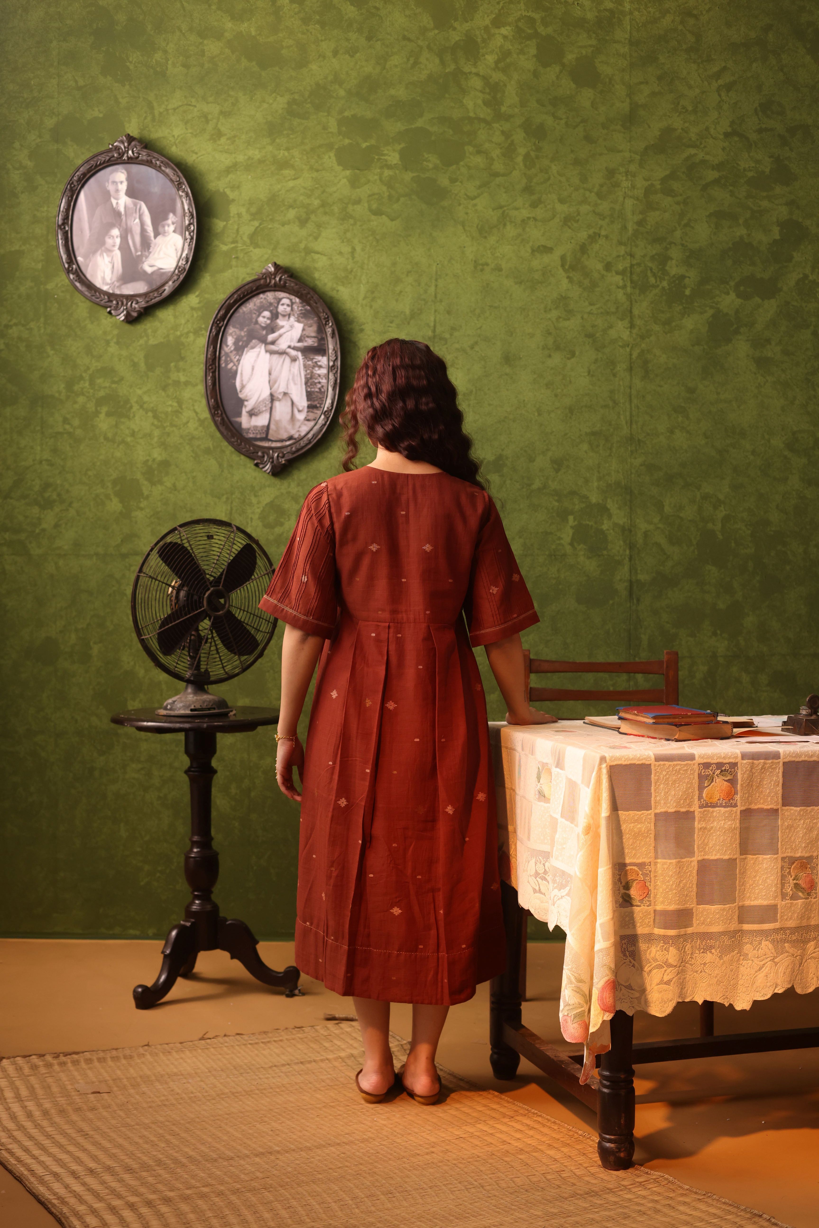 Kavya - Rust Orange Handwoven Cotton Dual Tone Dress