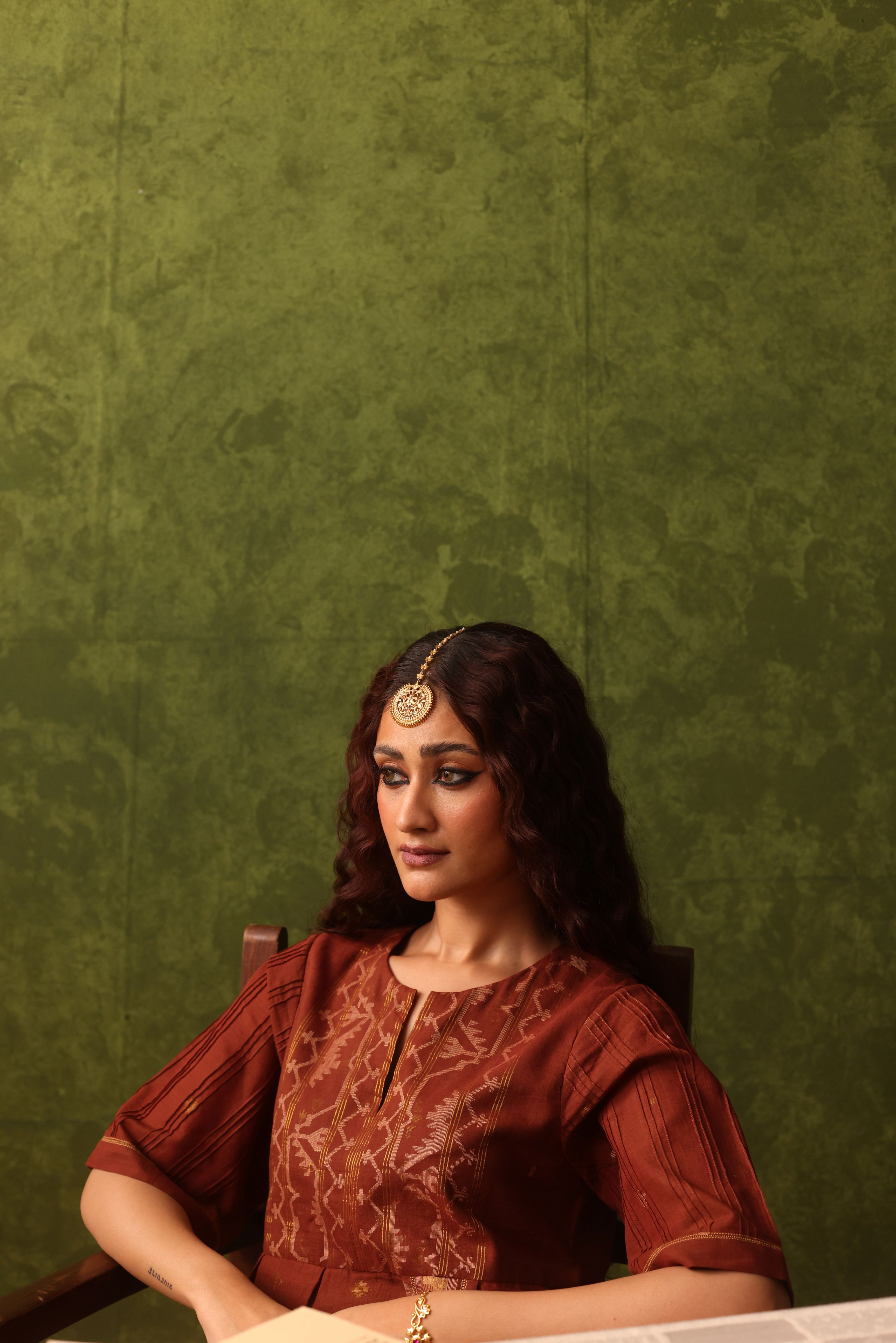 Kavya - Rust Orange Handwoven Cotton Dual Tone Dress