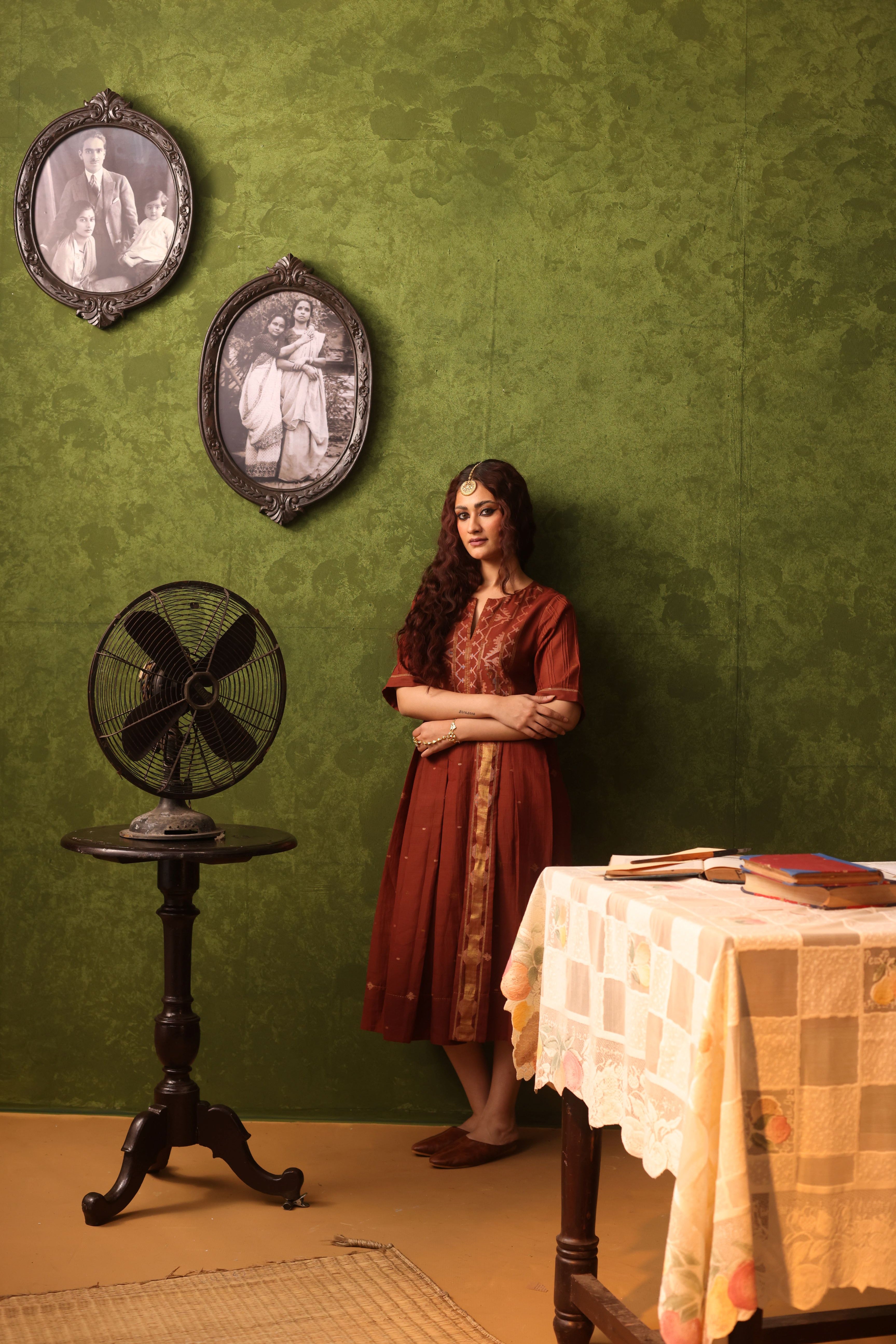 Kavya - Rust Orange Handwoven Cotton Dual Tone Dress