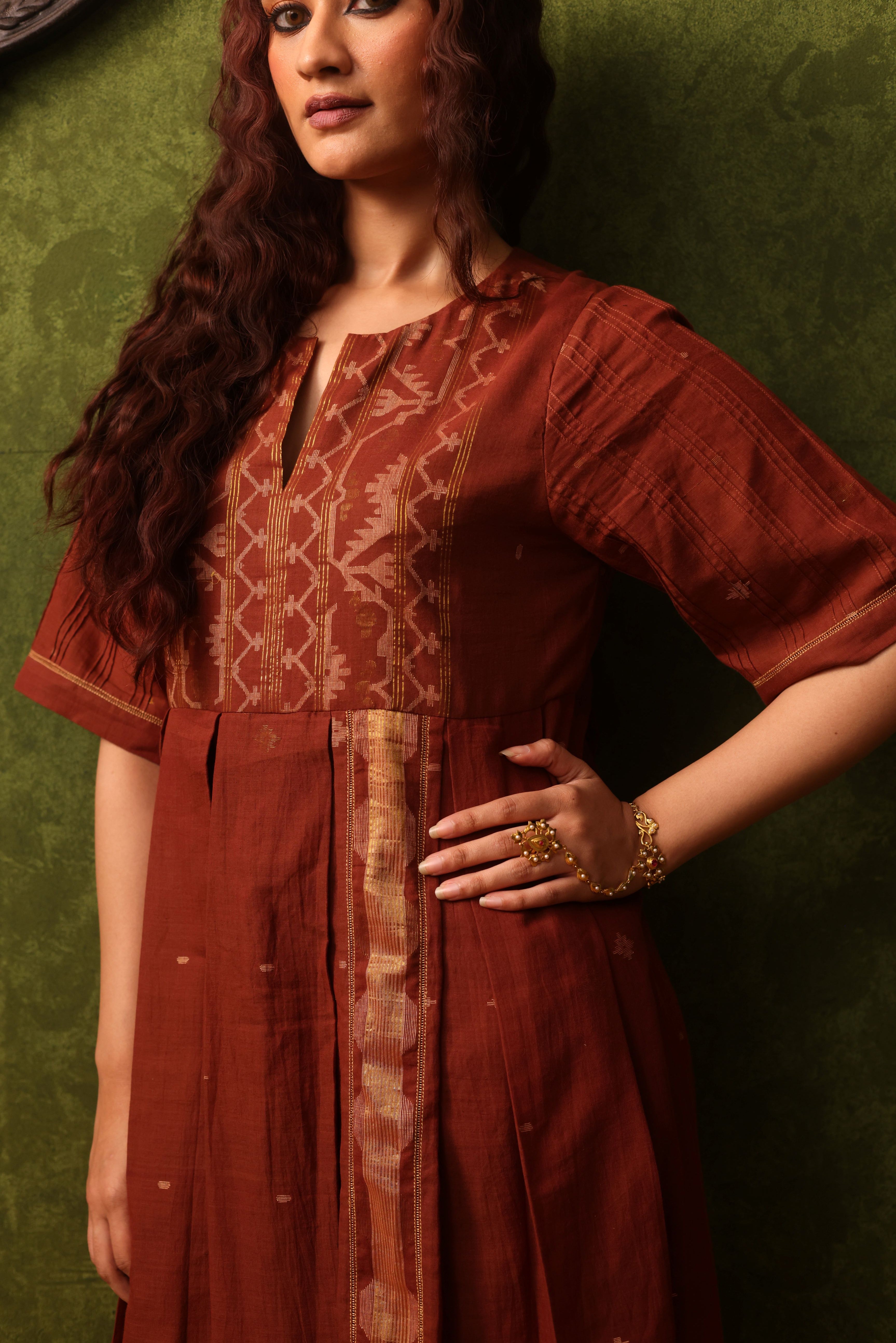 Kavya - Rust Orange Handwoven Cotton Dual Tone Dress