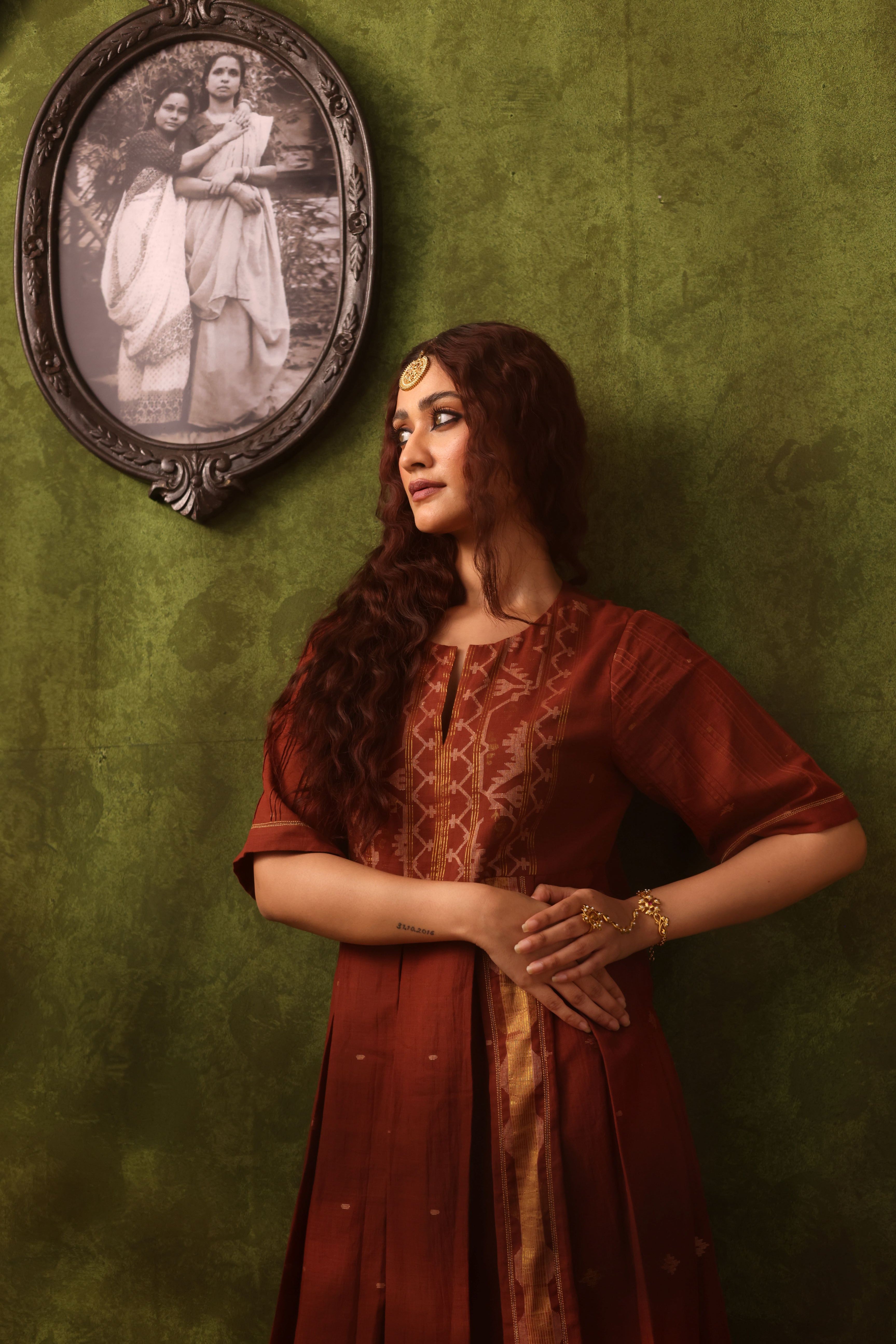 Kavya - Rust Orange Handwoven Cotton Dual Tone Dress