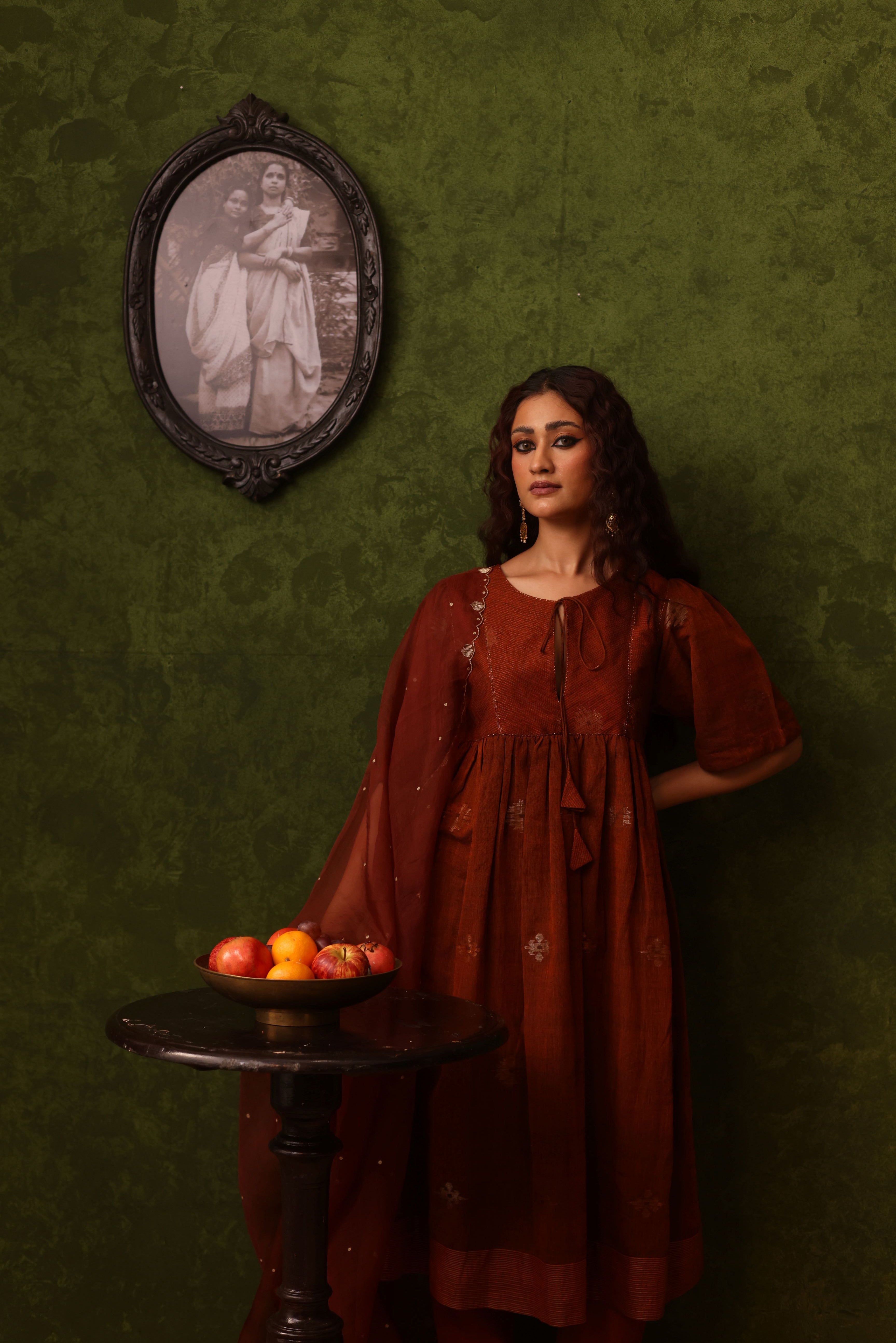 Amrita - Rust Orange Hand-Embroidered Organza Dupatta