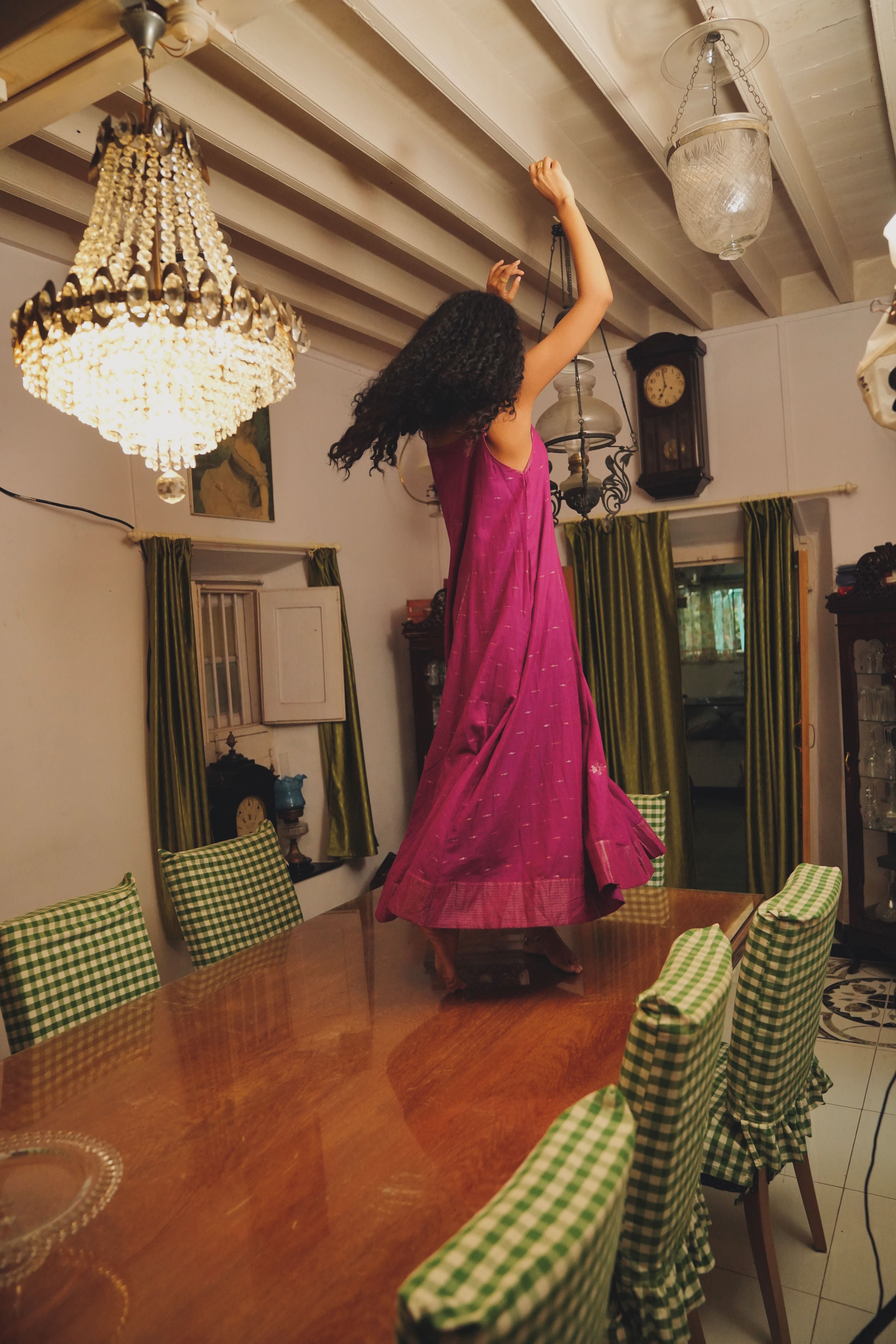 Moyuri - Magenta Handwoven Jamdani Spaghetti Dress