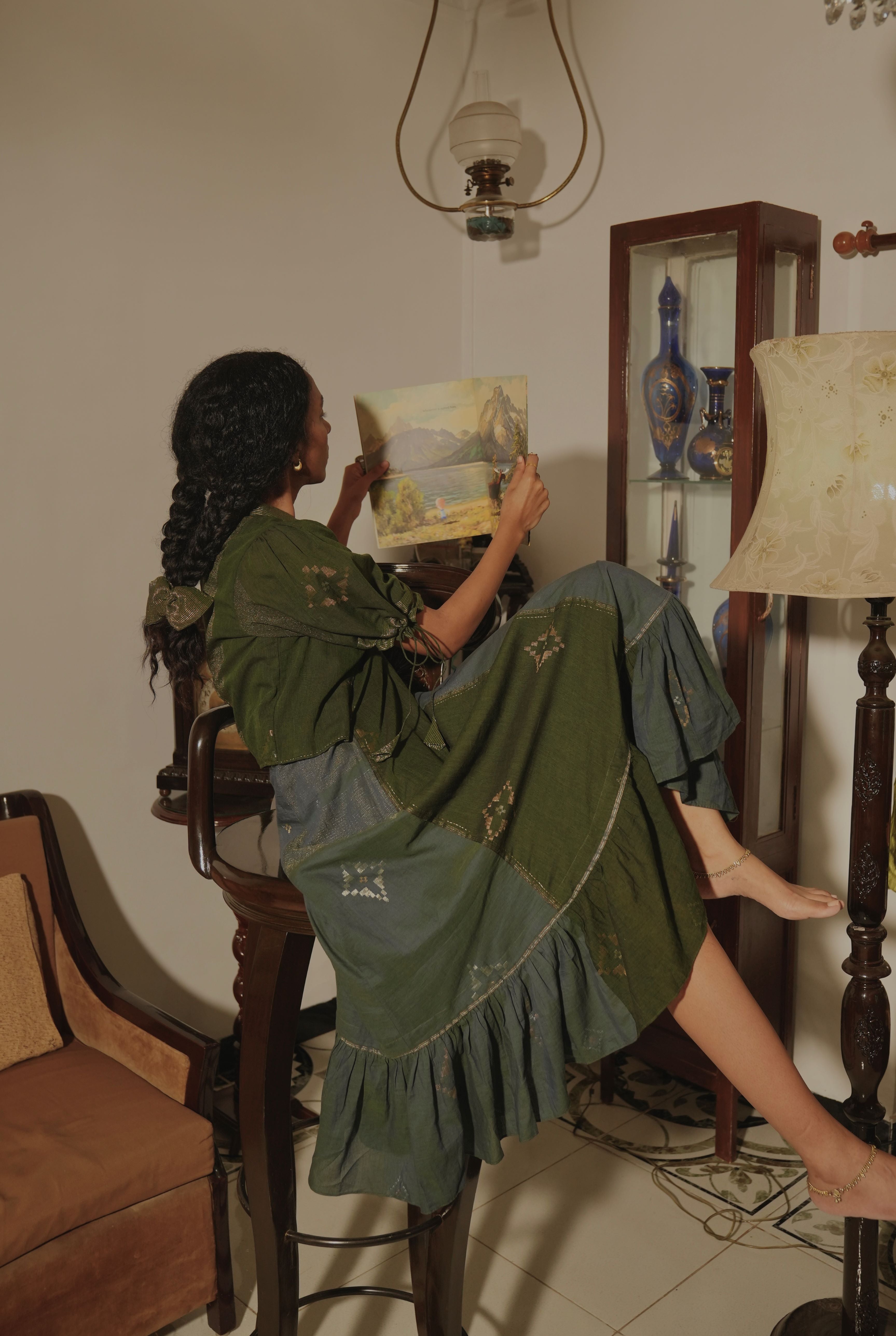 Tiya - Olive Green Handwoven Cotton Jamdani Two-Part Dress