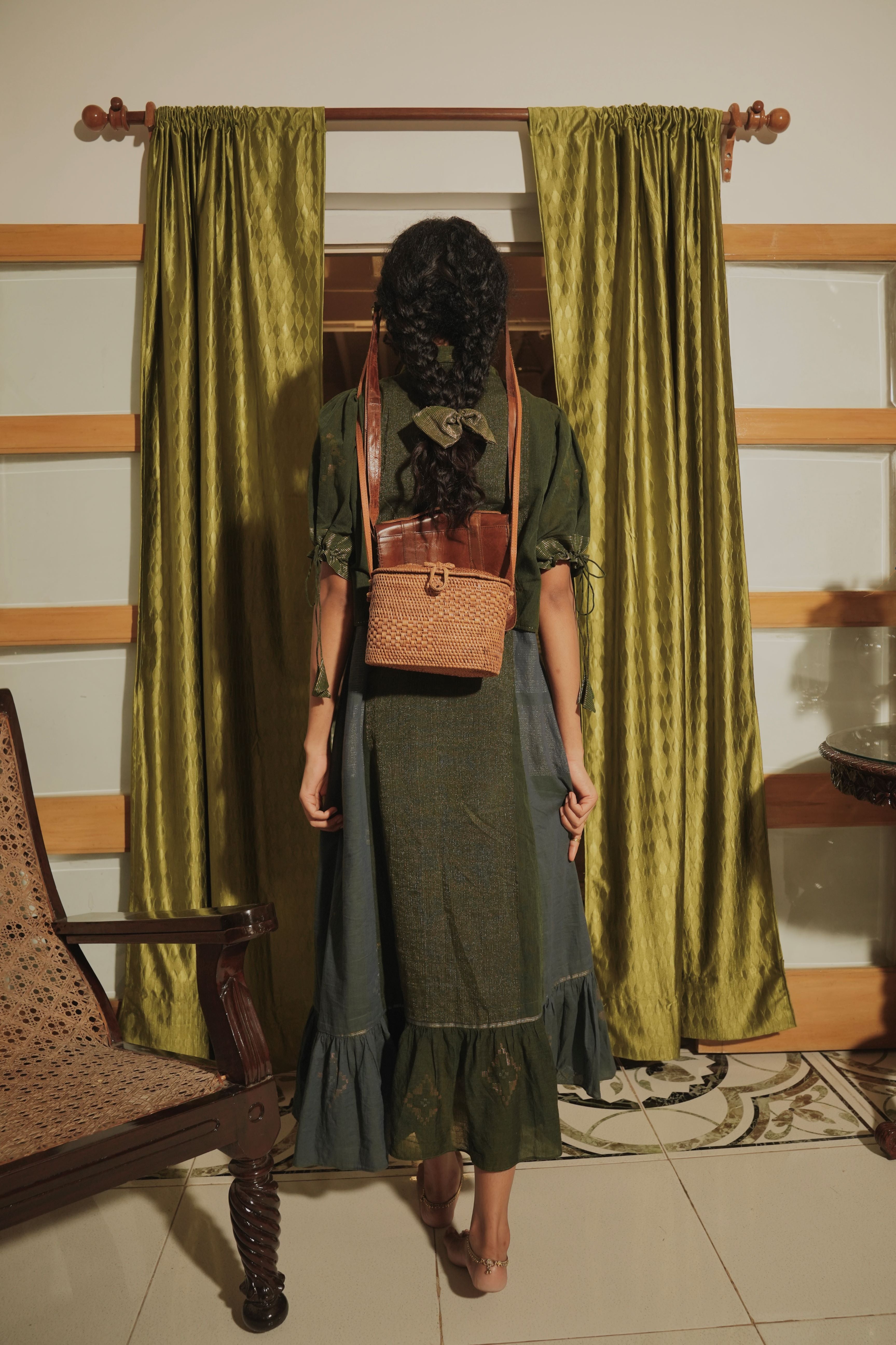 Tiya - Olive Green Handwoven Cotton Jamdani Two-Part Dress