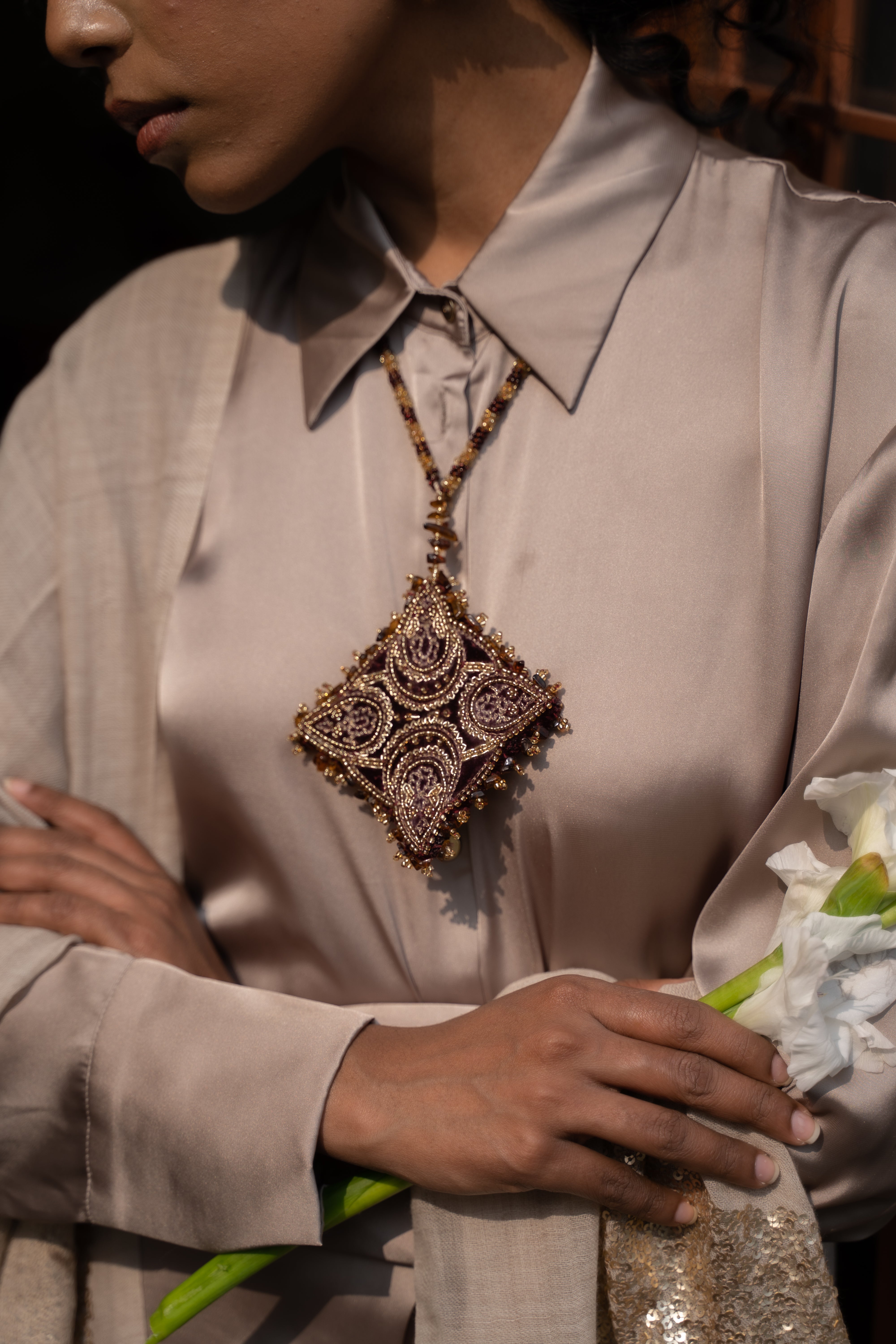 Handcrafted Pendant in Gold Zari And Dabka
