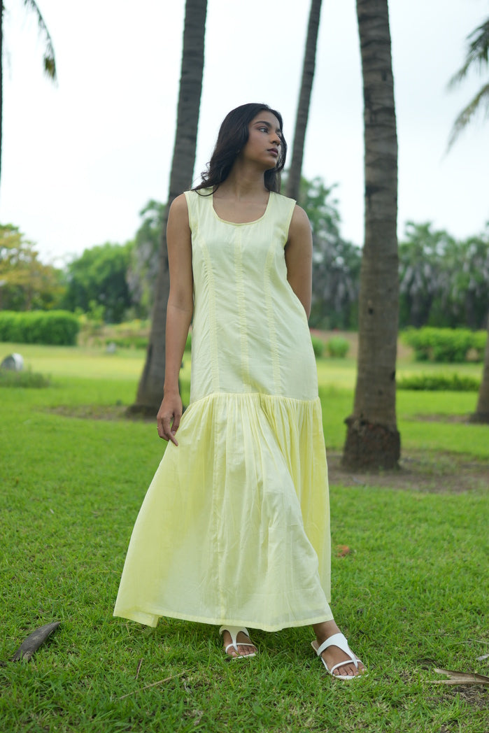 Butter Yellow Cotton Aveiro Drop Waist Dress