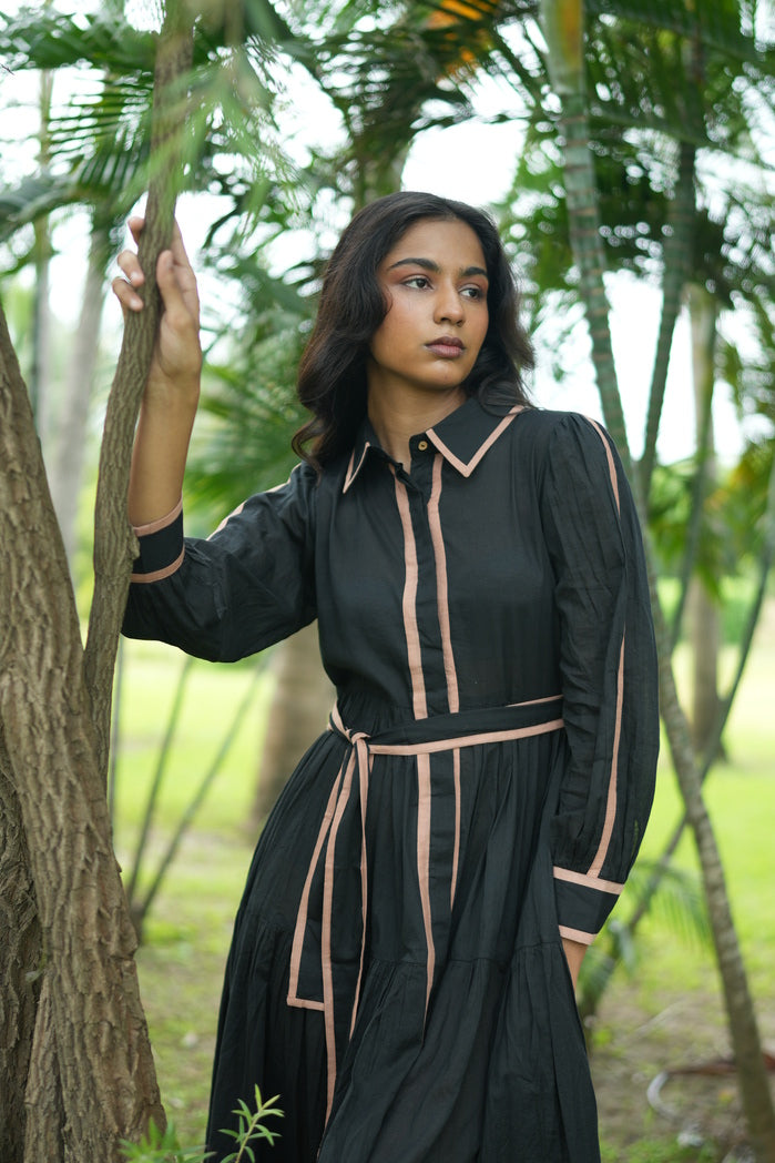 Black and Mustard Cotton Line Dress