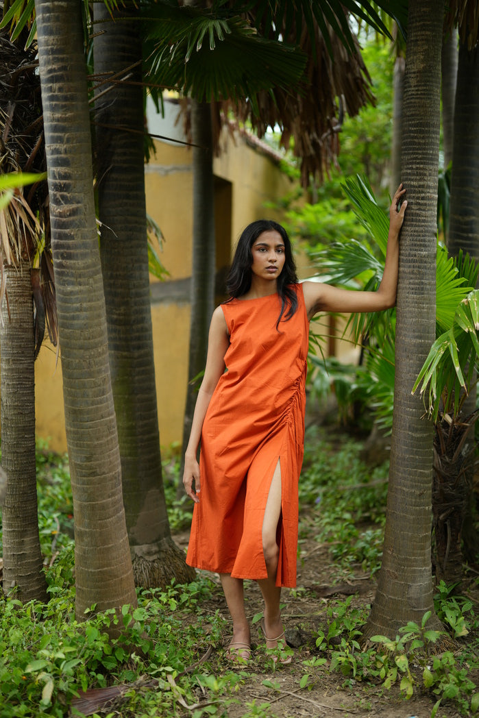 Santiago - Orange Cotton Poplin Ruched Dress