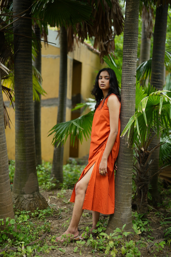 Santiago - Orange Cotton Poplin Ruched Dress