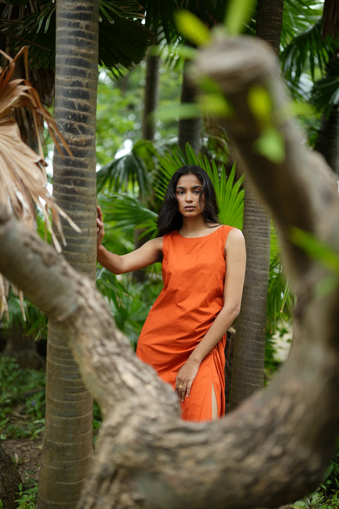 Santiago - Orange Cotton Poplin Ruched Dress