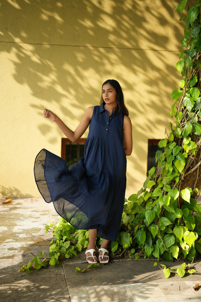 Nantes - Navy Blue Cotton Tiered Dress