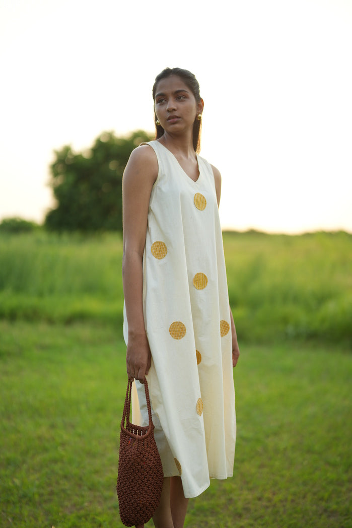 Palermo - White and Mustard Cotton Poplin Flowy Dress