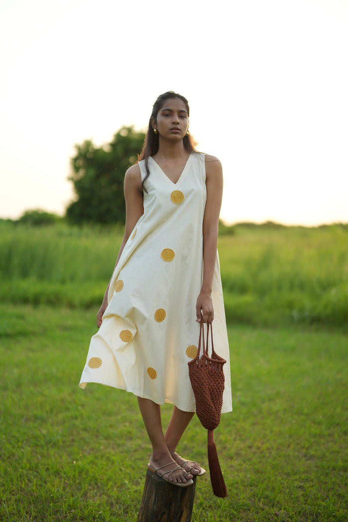 Palermo - White and Mustard Cotton Poplin Flowy Dress