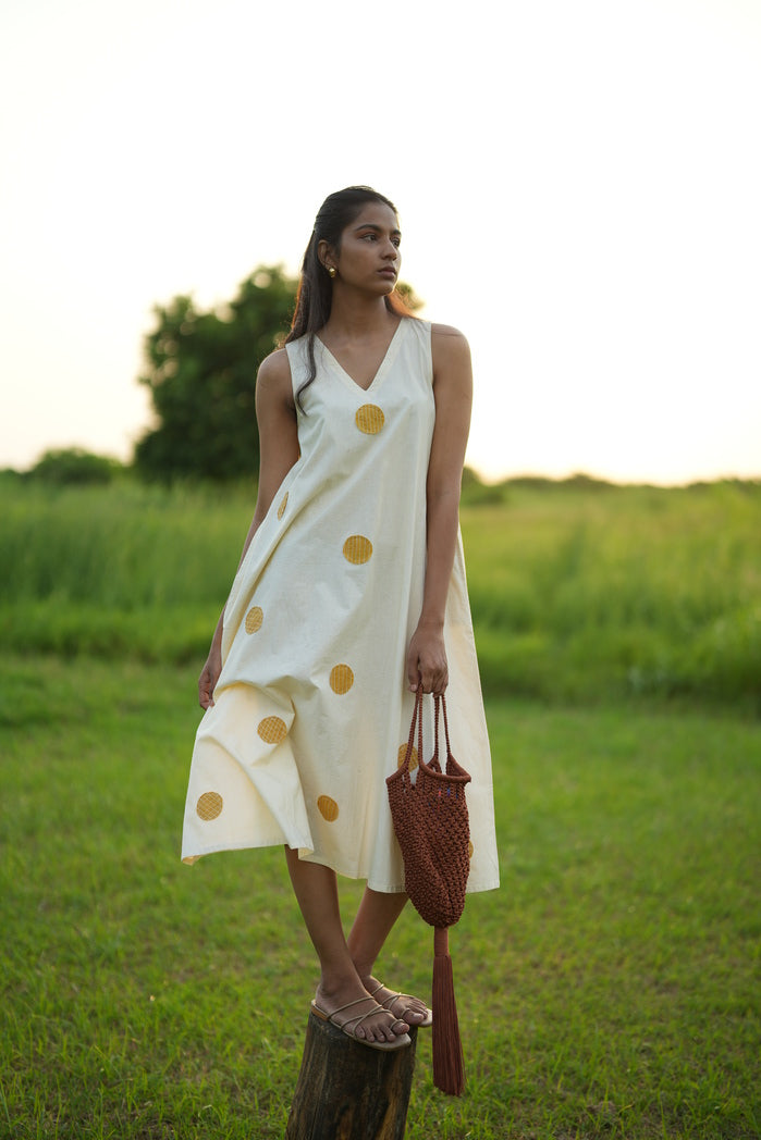 Palermo - White and Mustard Cotton Poplin Flowy Dress
