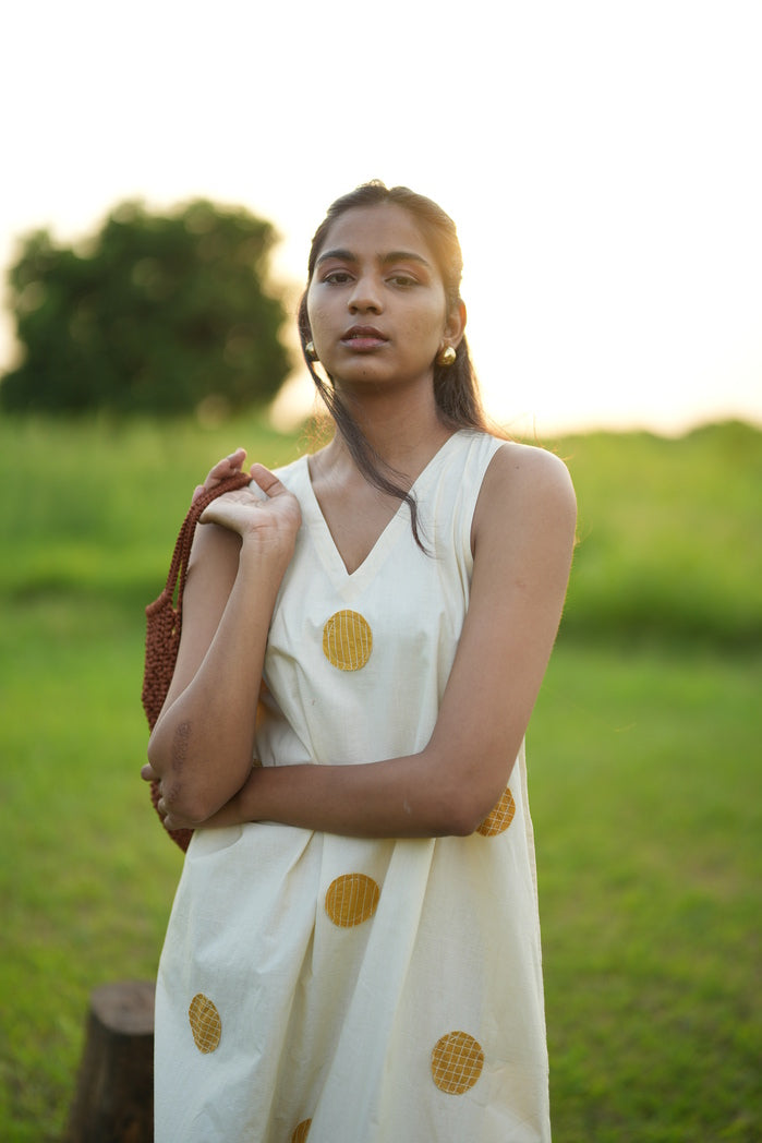 Palermo - White and Mustard Cotton Poplin Flowy Dress