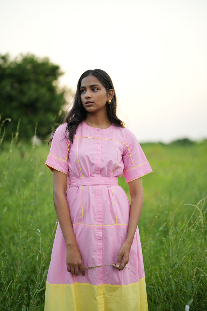 Lae - Baby Pink and Butter Yellow Cotton Poplin Two Tone Dress