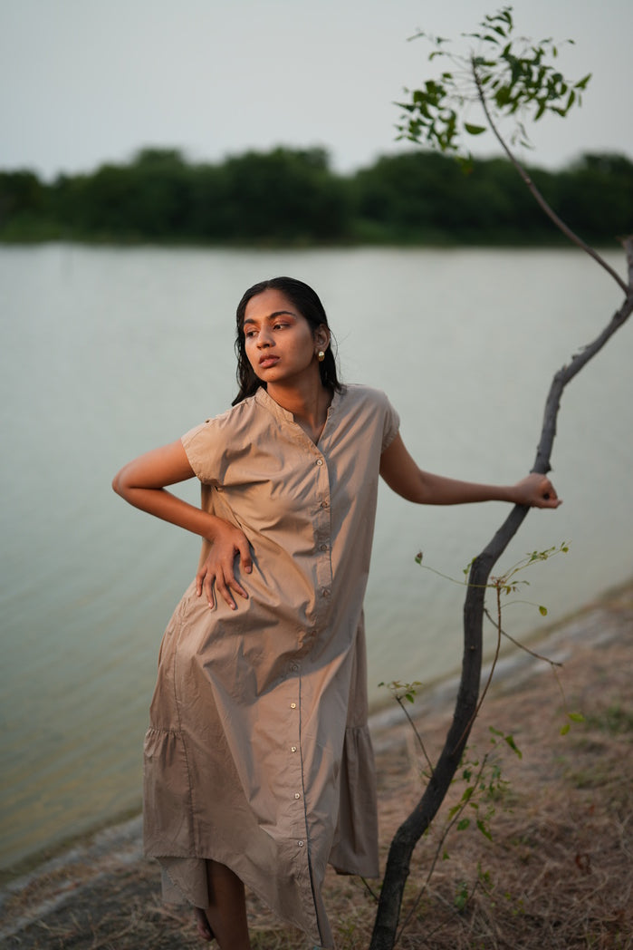 Marrakesh - Greyish Brown Cotton Poplin Tiered Dress