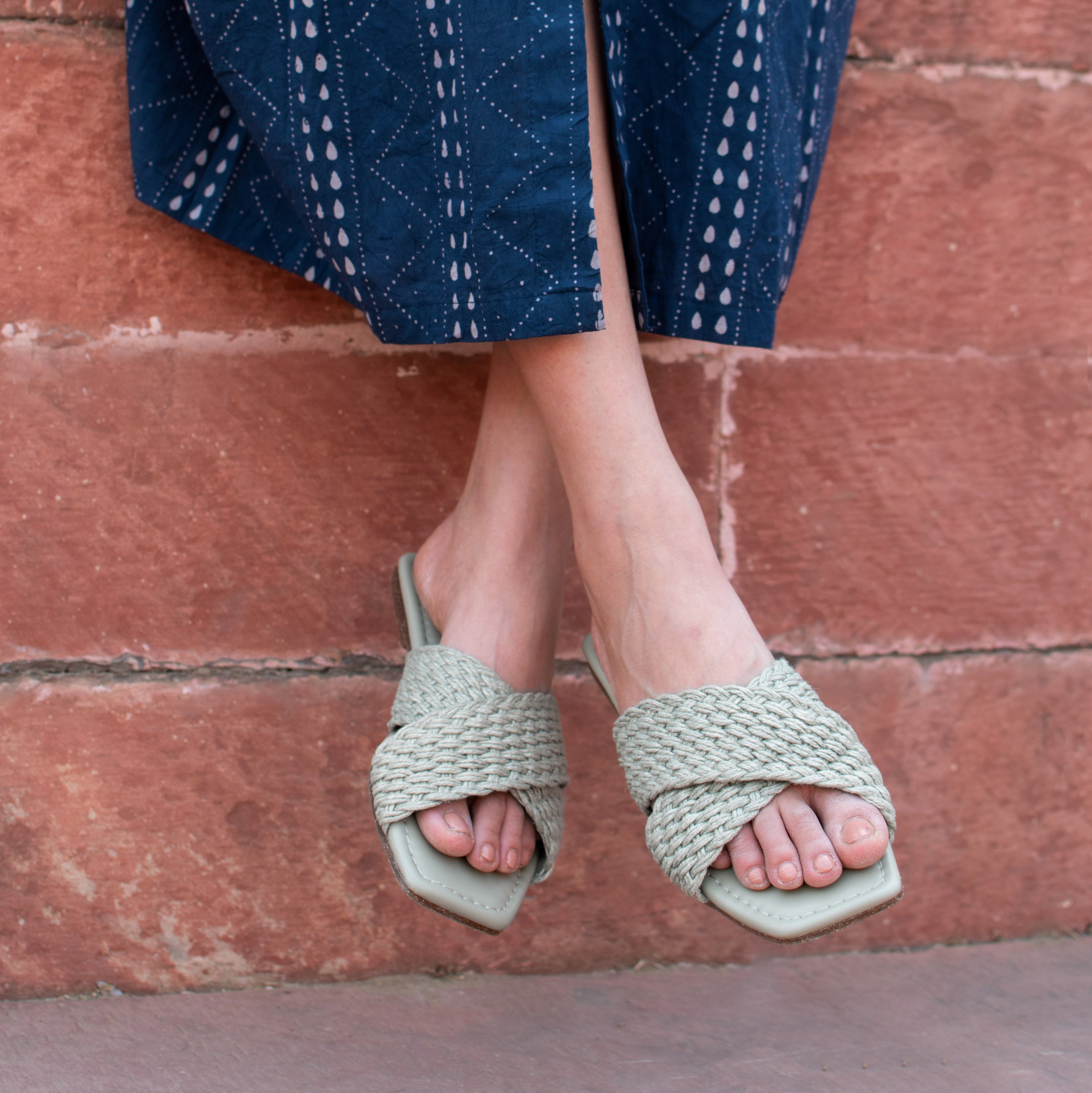 Sage green Jute slides