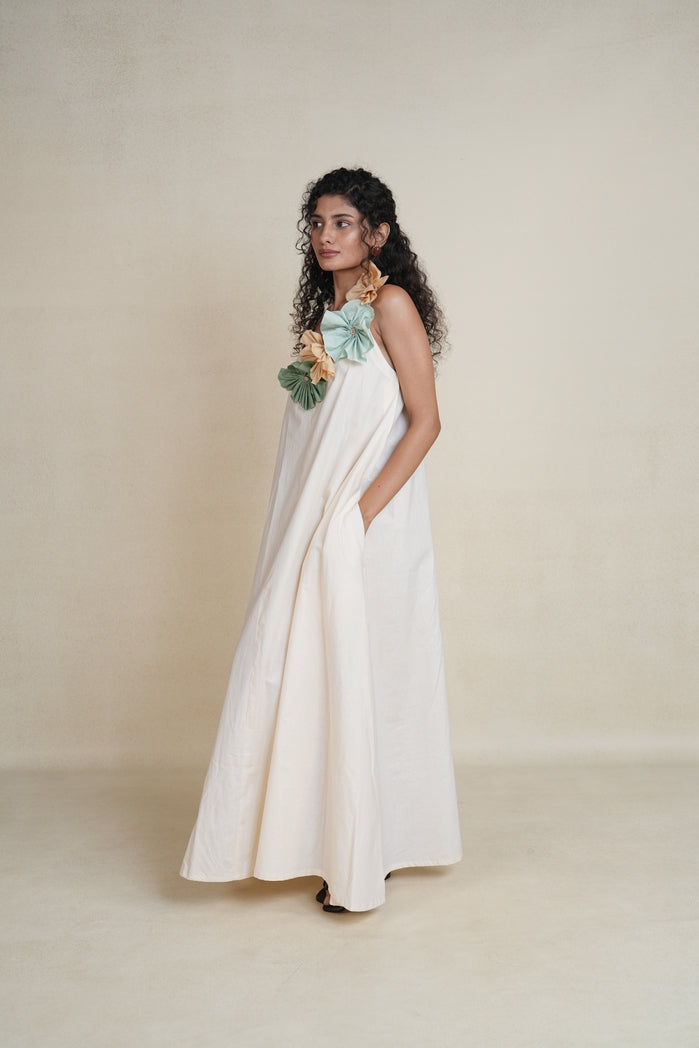 Off White Cotton Poplin Saga Dress