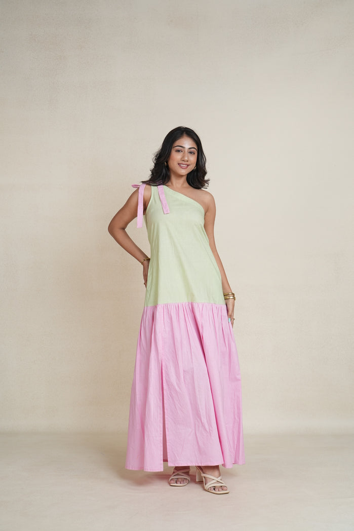 Baby Pink and Lemon Green Cotton Poplin Dali Dress