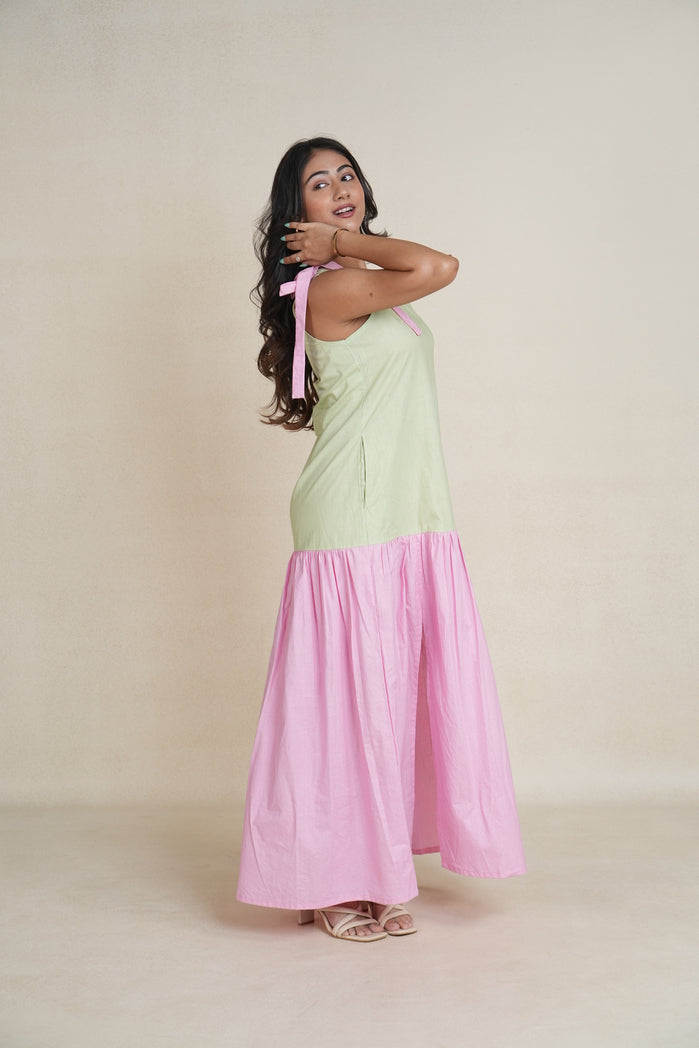 Baby Pink and Lemon Green Cotton Poplin Dali Dress