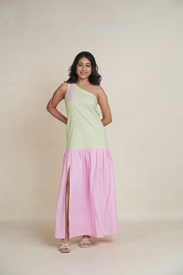 Baby Pink and Lemon Green Cotton Poplin Dali Dress