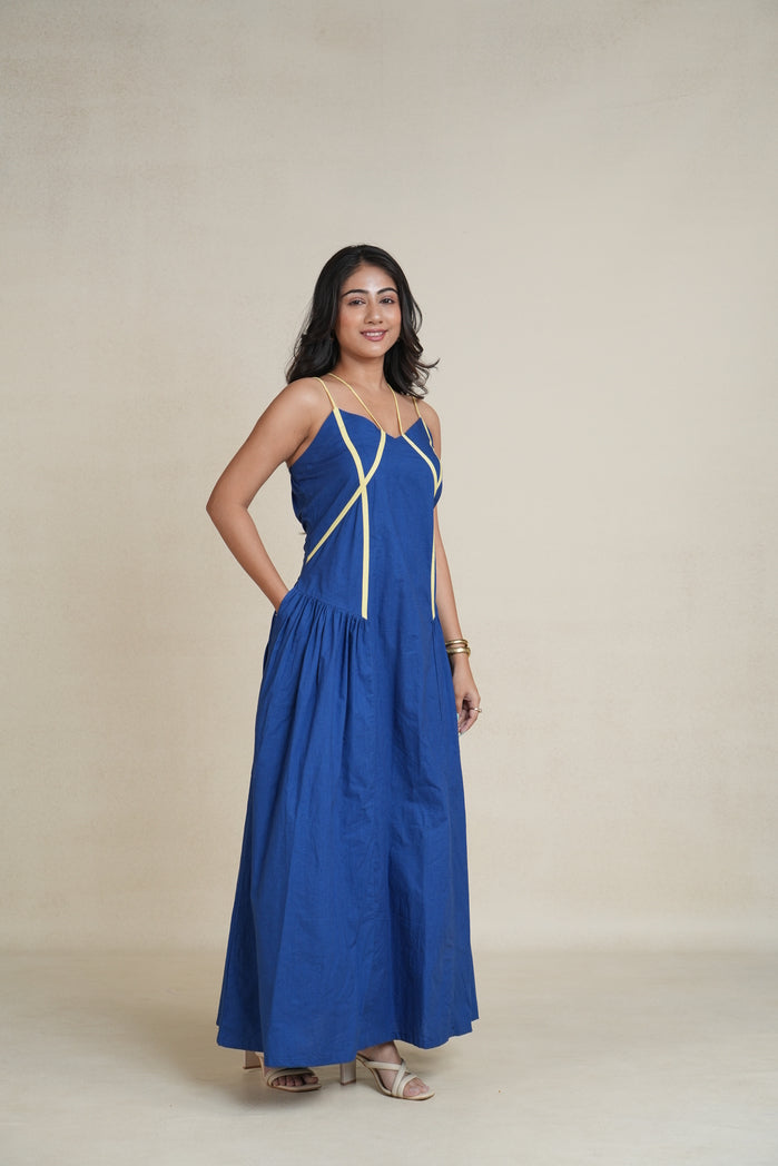 Navy Blue and Yellow Cotton Poplin Rio Dress