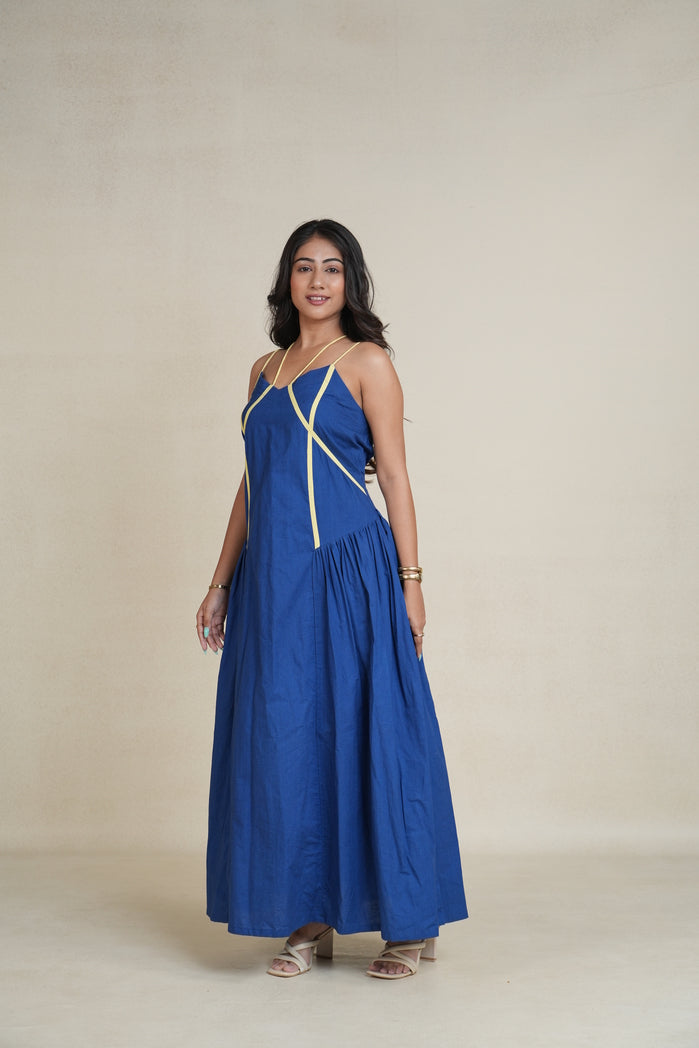 Navy Blue and Yellow Cotton Poplin Rio Dress