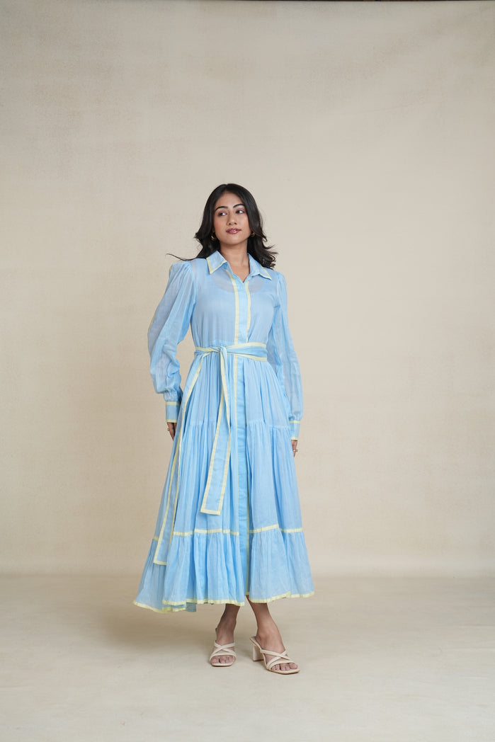 Sky Blue and Butter Yellow Mul Cotton Aqua Line Dress