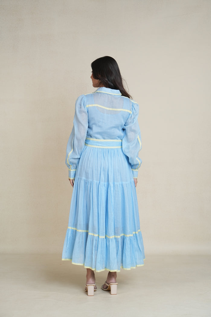 Sky Blue and Butter Yellow Mul Cotton Aqua Line Dress