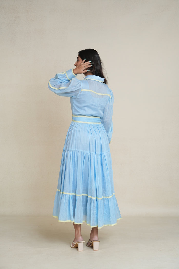 Sky Blue and Butter Yellow Mul Cotton Aqua Line Dress