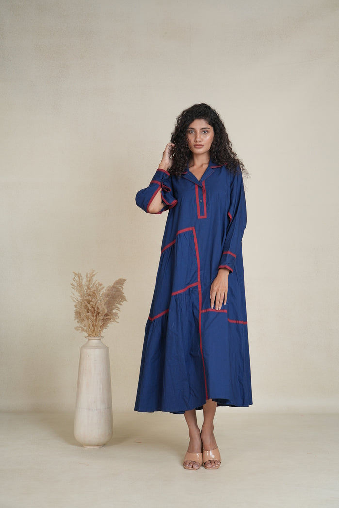 Navy Blue and Red Cotton Poplin Victoria Dress