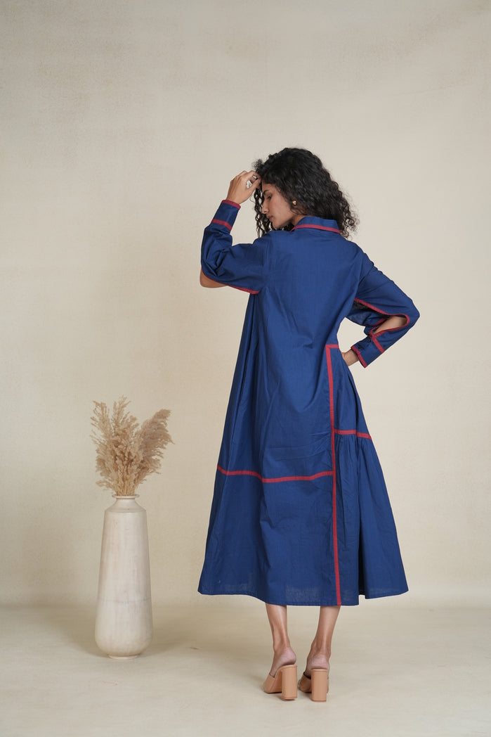 Navy Blue and Red Cotton Poplin Victoria Dress