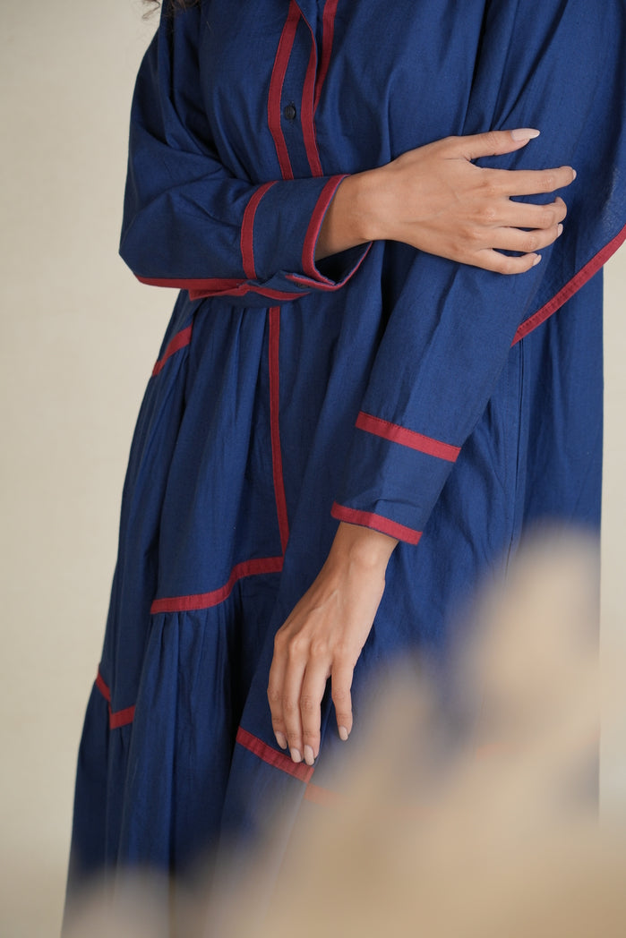 Navy Blue and Red Cotton Poplin Victoria Dress