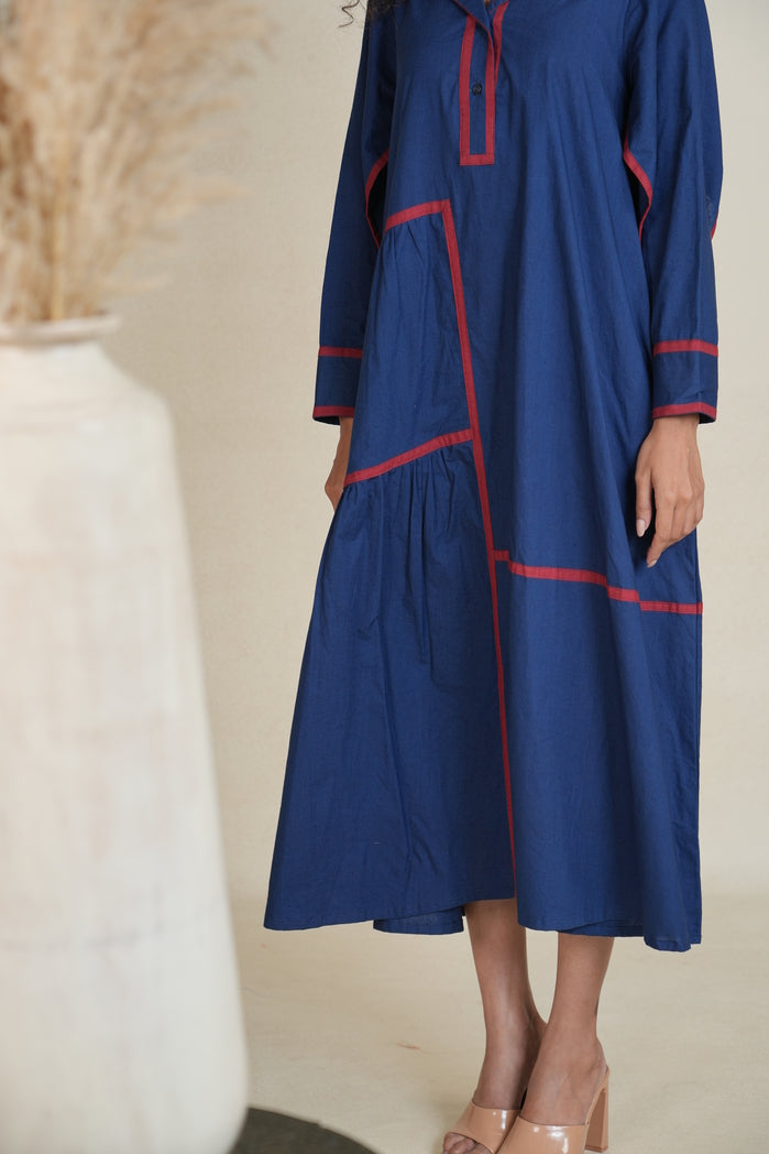 Navy Blue and Red Cotton Poplin Victoria Dress