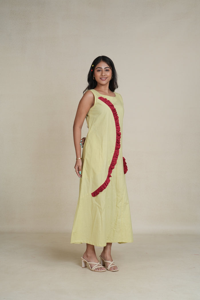 Lemon Yellow and Red Cotton Poplin Miass Dress