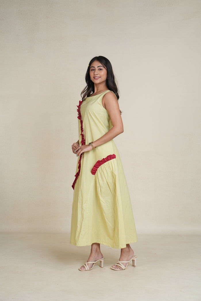 Lemon Yellow and Red Cotton Poplin Miass Dress
