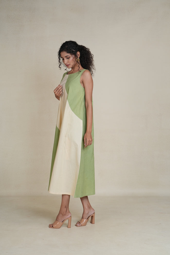 Green And Off-White Cotton Poplin Wavy Dress