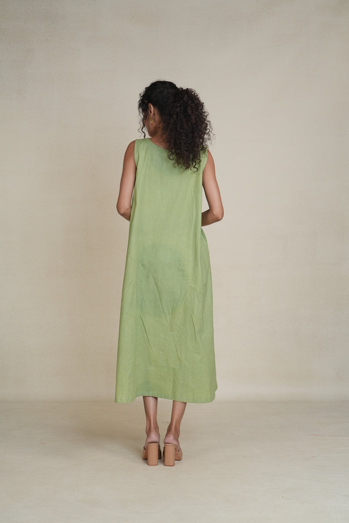 Green And Off-White Cotton Poplin Wavy Dress
