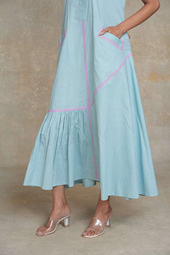 Turquoise Blue and Lilac Cotton Poplin Malaga Dress