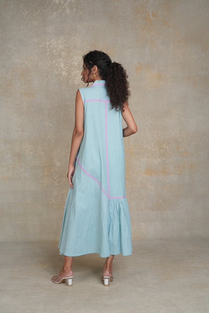 Turquoise Blue and Lilac Cotton Poplin Malaga Dress