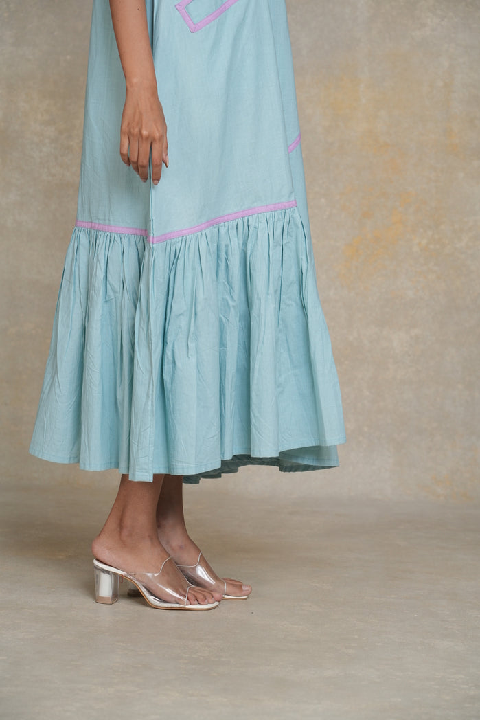 Turquoise Blue and Lilac Cotton Poplin Malaga Dress