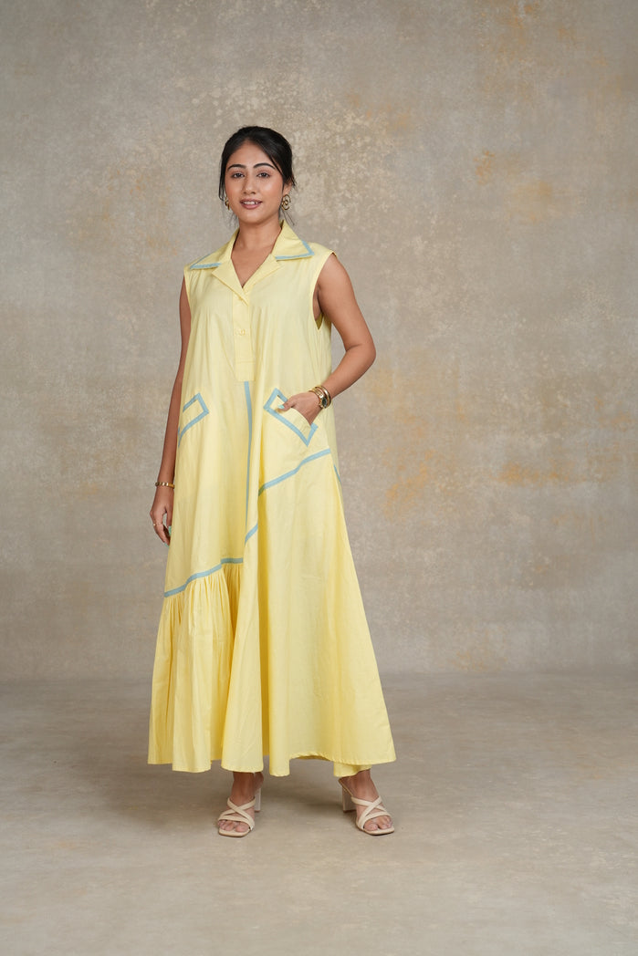 Butter Yellow and Powder Blue Cotton Poplin Grazia Dress