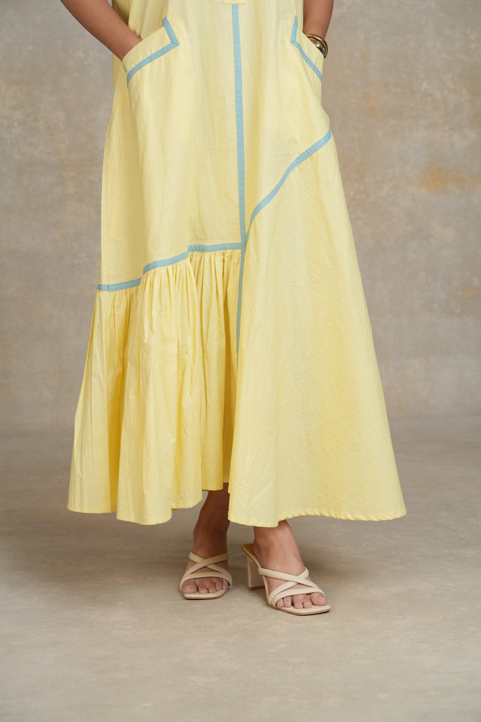 Butter Yellow and Powder Blue Cotton Poplin Grazia Dress